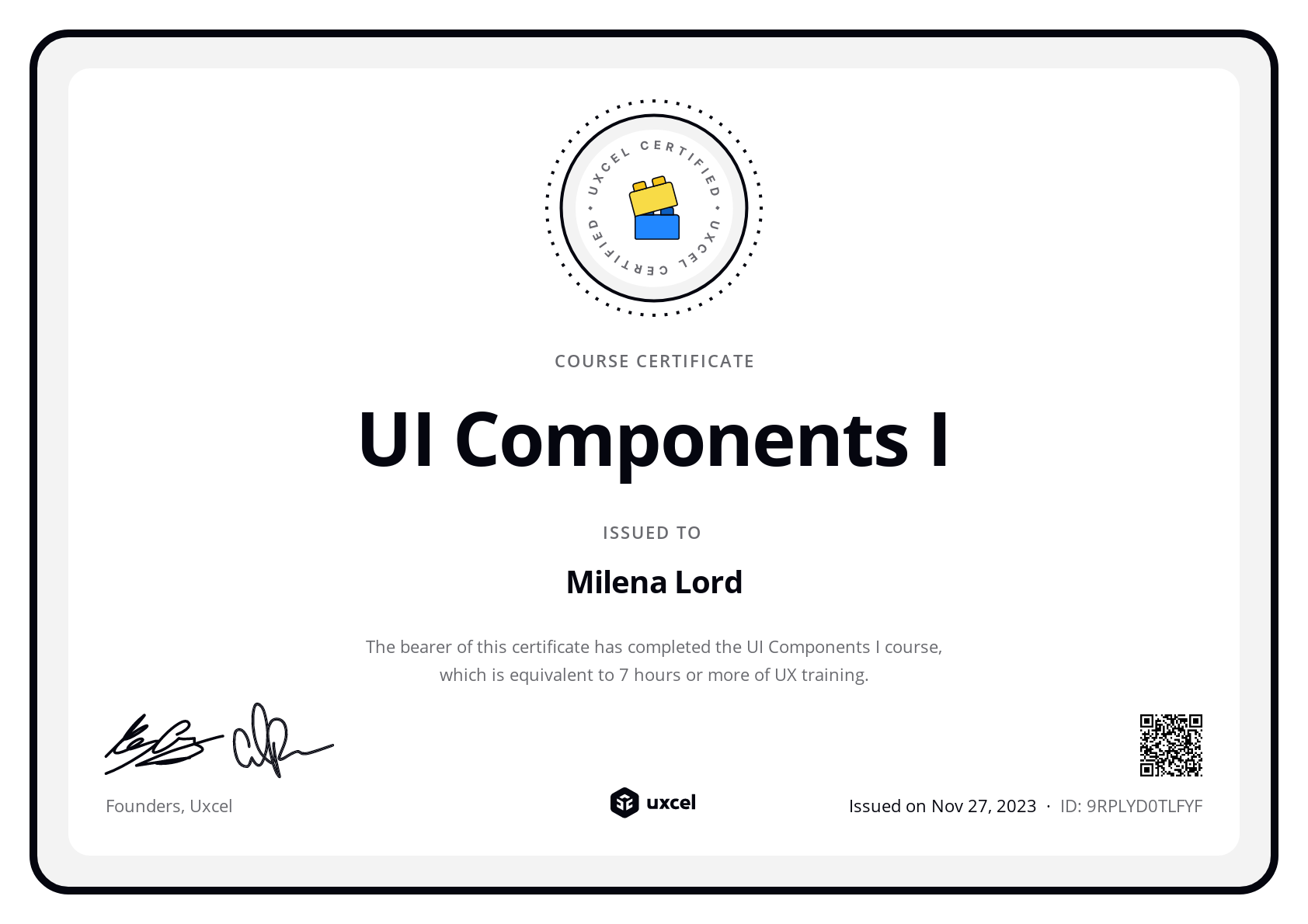 Milena Lord's certificate